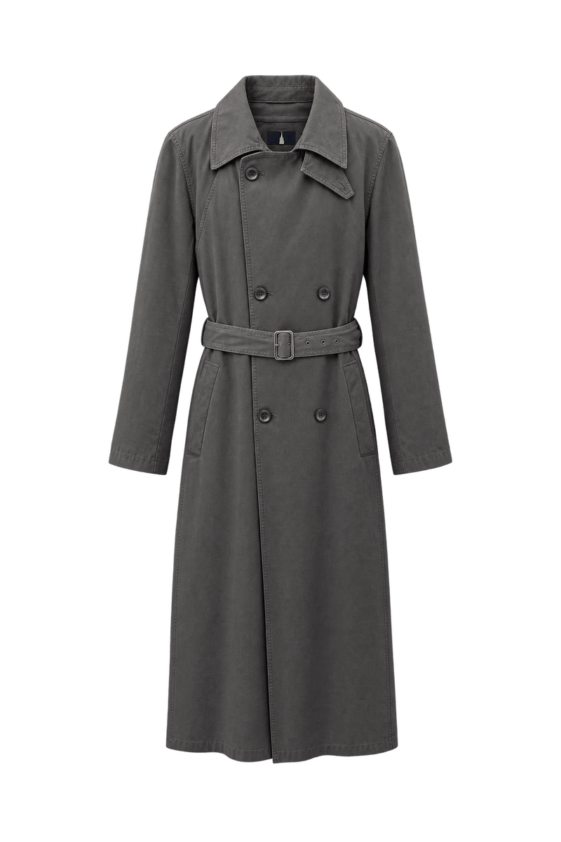 1980s Charcoal Gray Cotton Trench Coat - Front View
