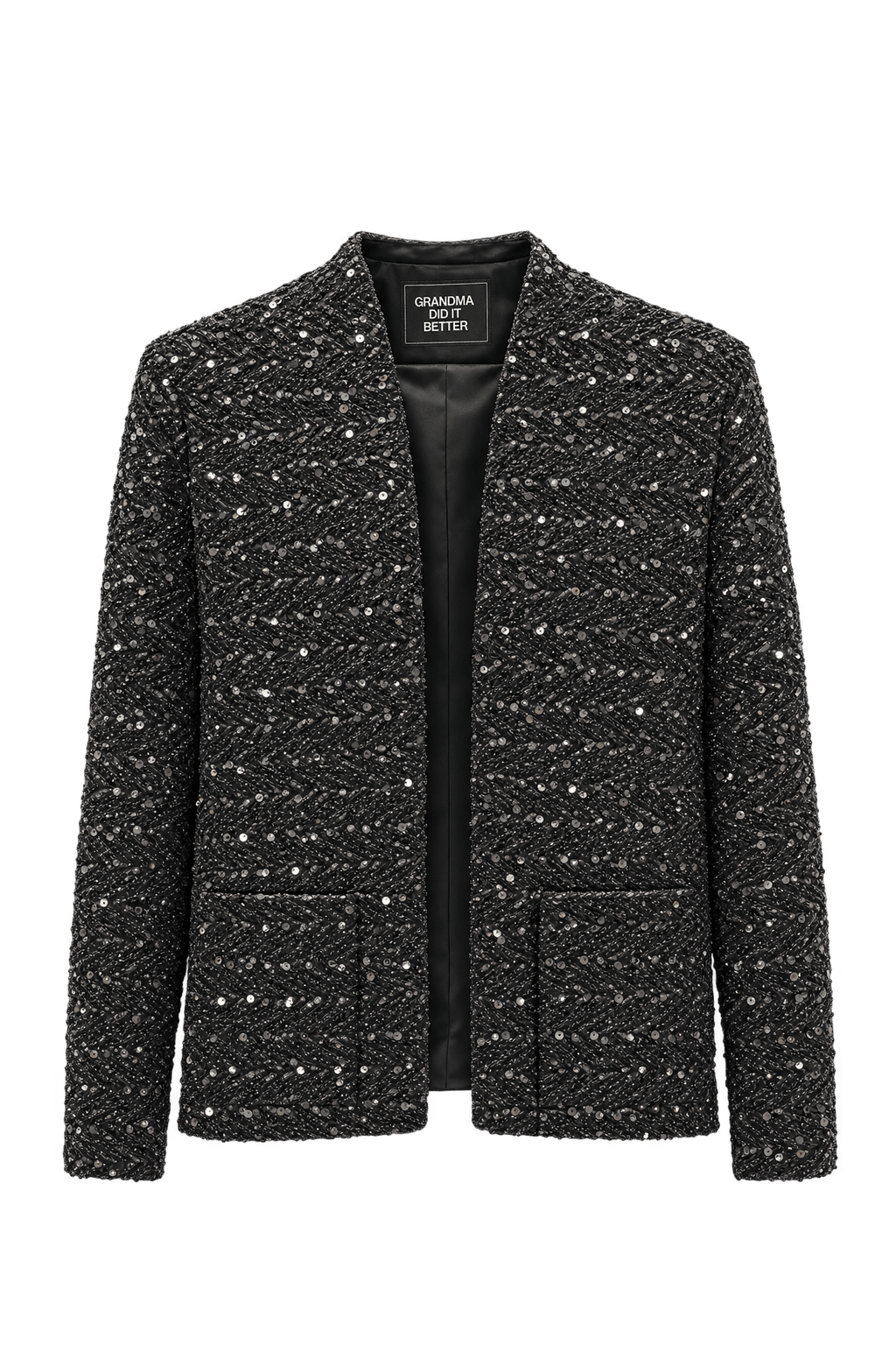 1980s Black Beaded Synthetic Jacket - Front View