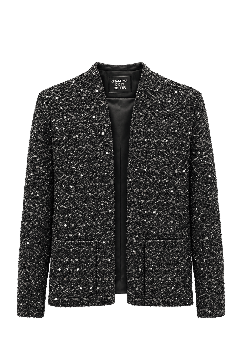 1980s Black Beaded Synthetic Jacket - Front View