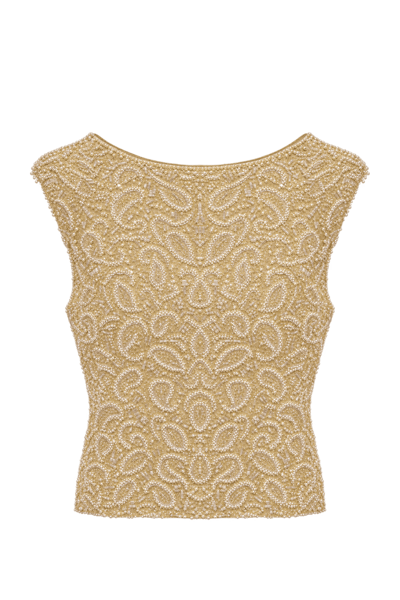 1960s Champagne Gold Beaded Crop Top - Front View