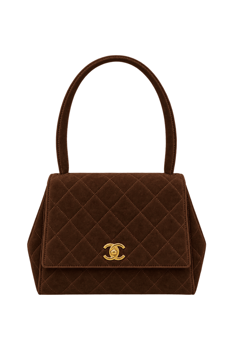 1990s Chocolate Brown Suede-Like Handbag - Front View