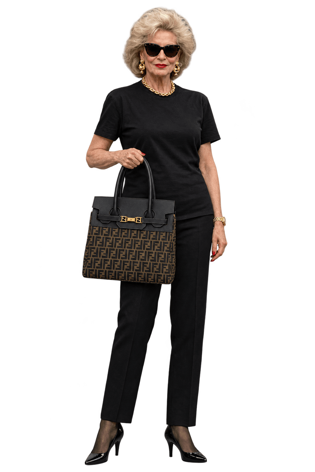 1980s Black Textile Jacquard Tote Bag - Model