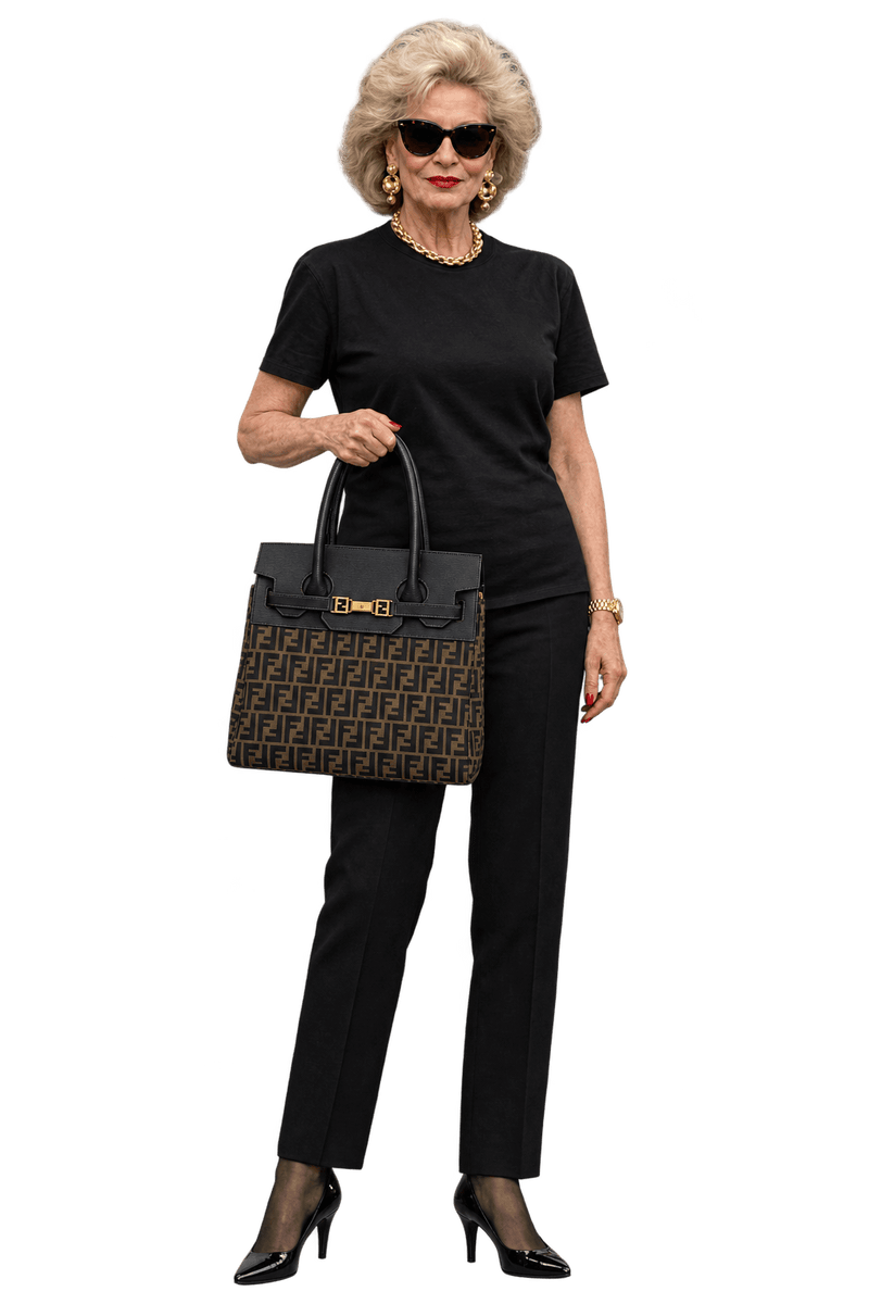1980s Black Textile Jacquard Tote Bag - Model