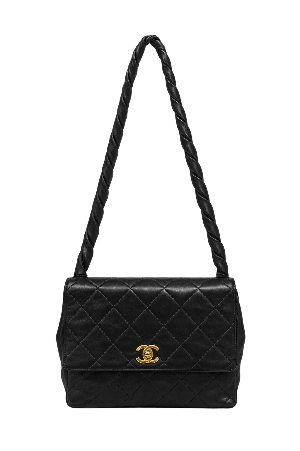 1980s Black Leather Shoulder Bag - Front View