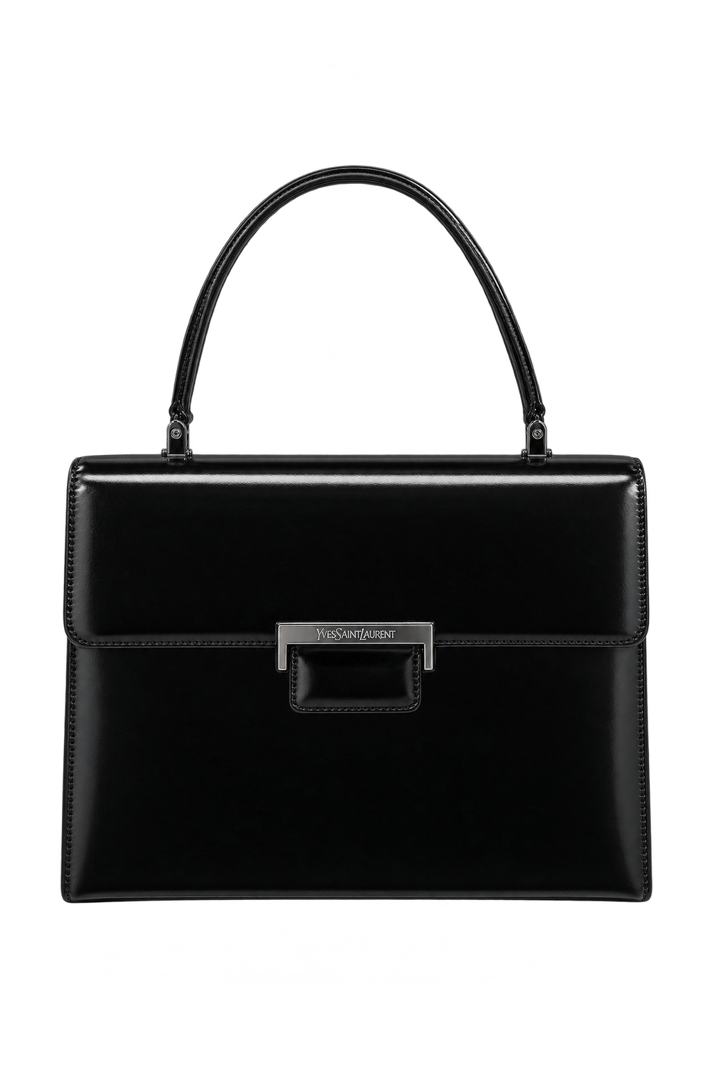 1980s Glossy Black Leather Handbag - Front View