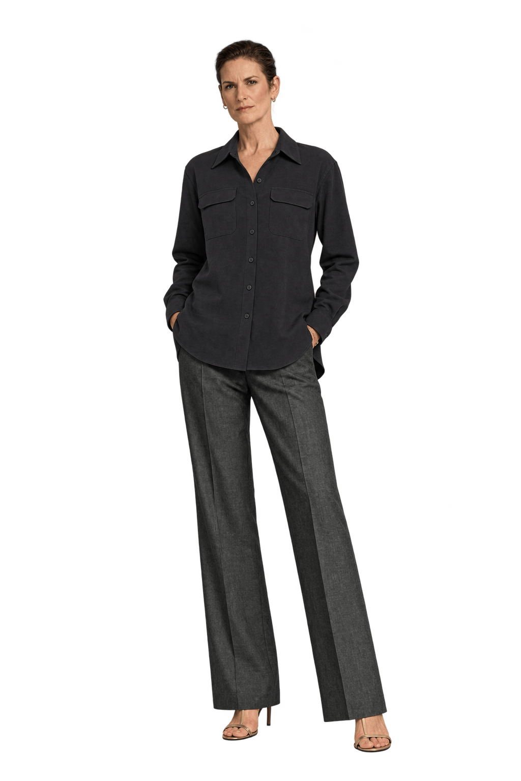 1990s Black Unverified Woven Fabric Button-Down Shirt - Model