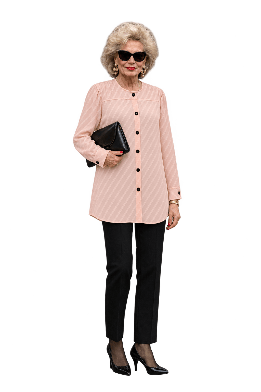 1980s Pale Peach Pink Synthetic Chiffon Blouse - Model