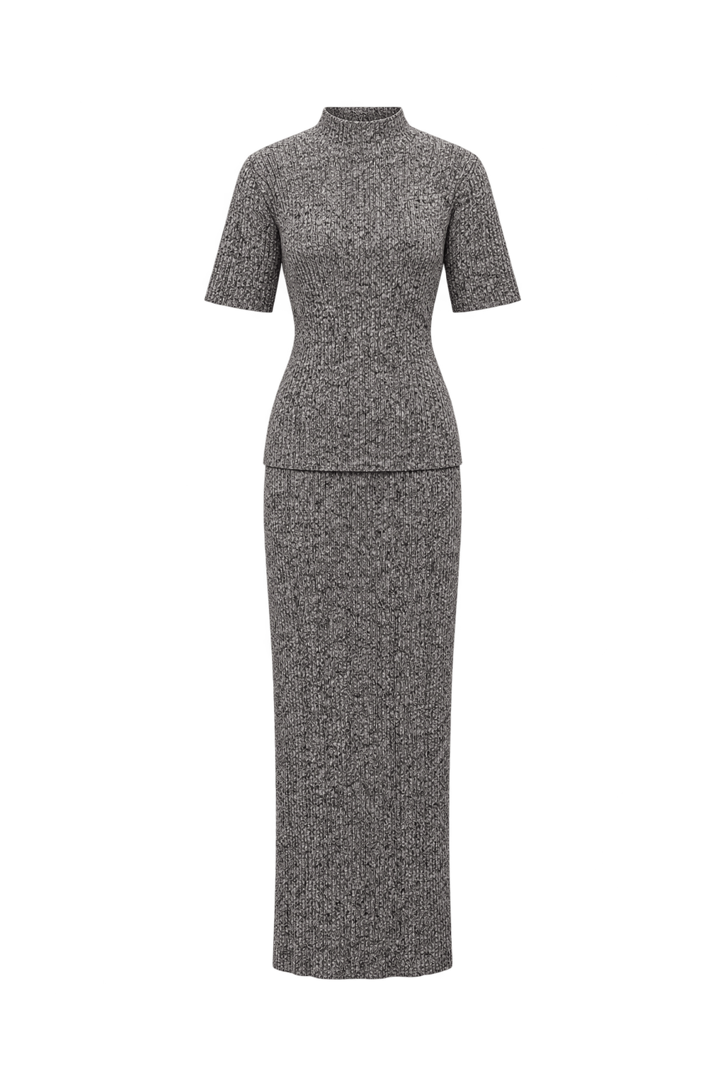 1990s Marled Grey Ribbed Knit Matching Top and Skirt Set - Front View