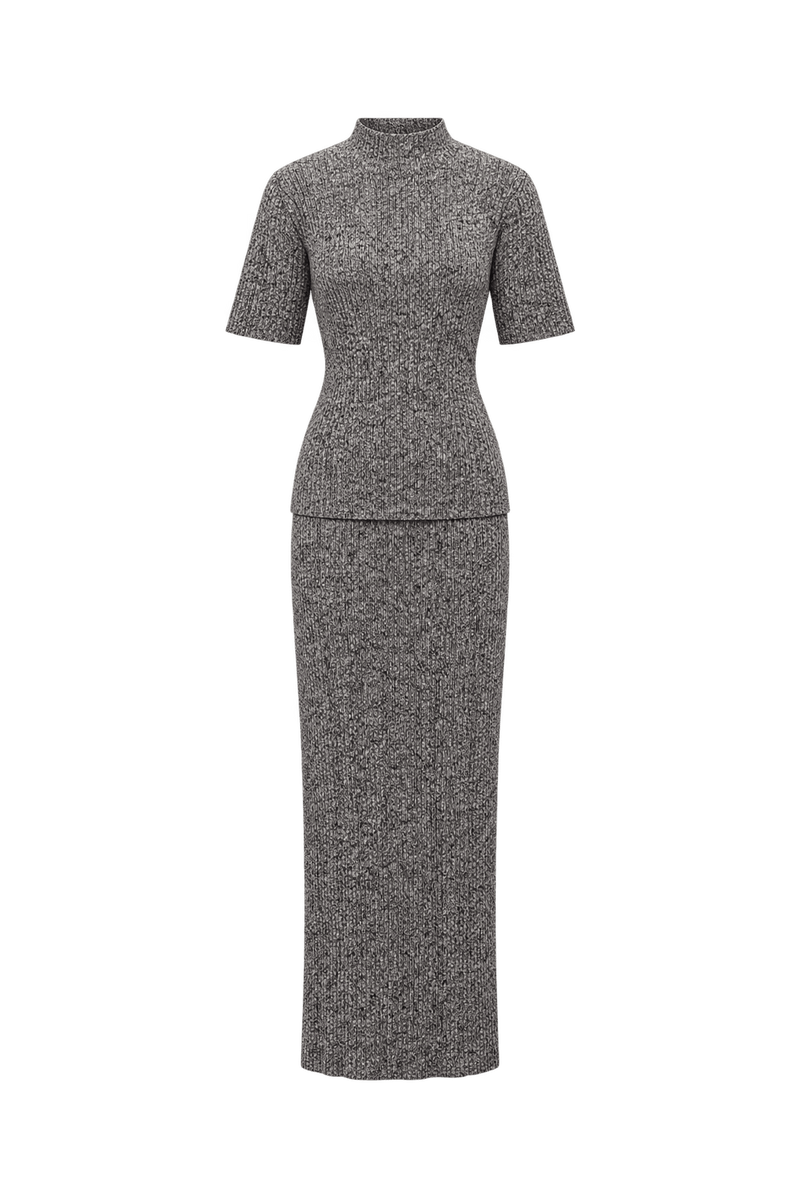 1990s Marled Grey Ribbed Knit Matching Top and Skirt Set - Front View