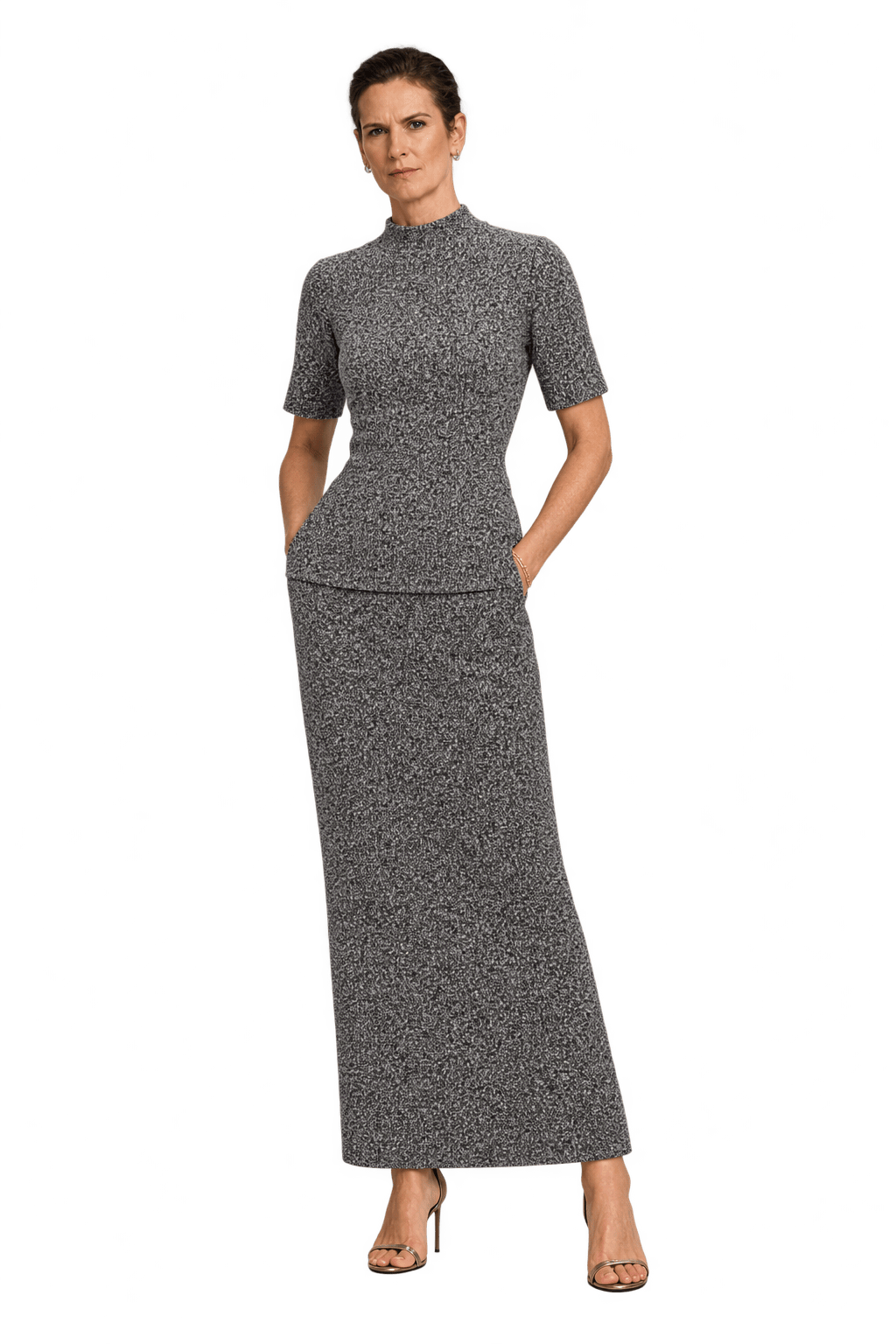1990s Marled Grey Ribbed Knit Matching Top and Skirt Set - Model