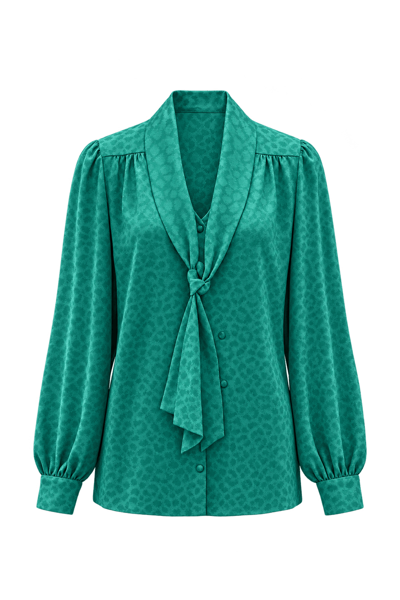 1980s Emerald Teal Satin Blouse - Front View