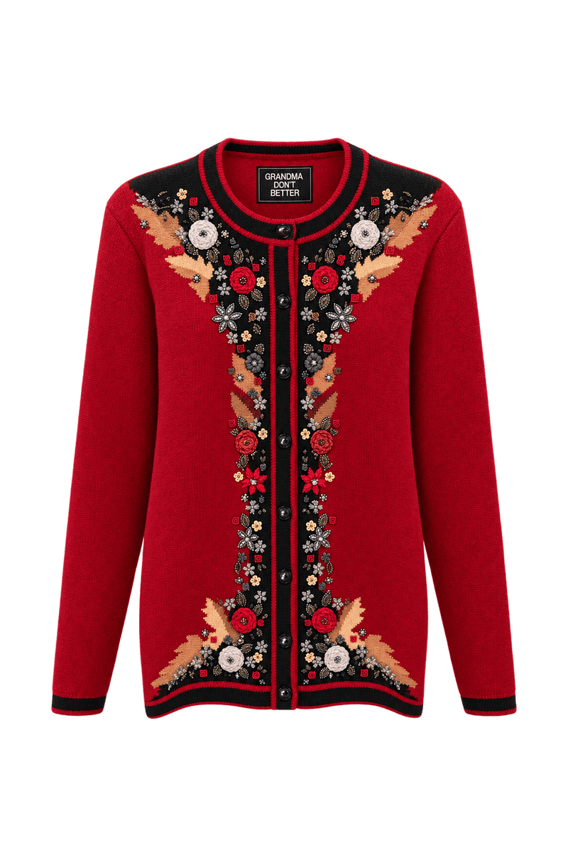 1970s Crimson Red Knit Cardigan - Front View