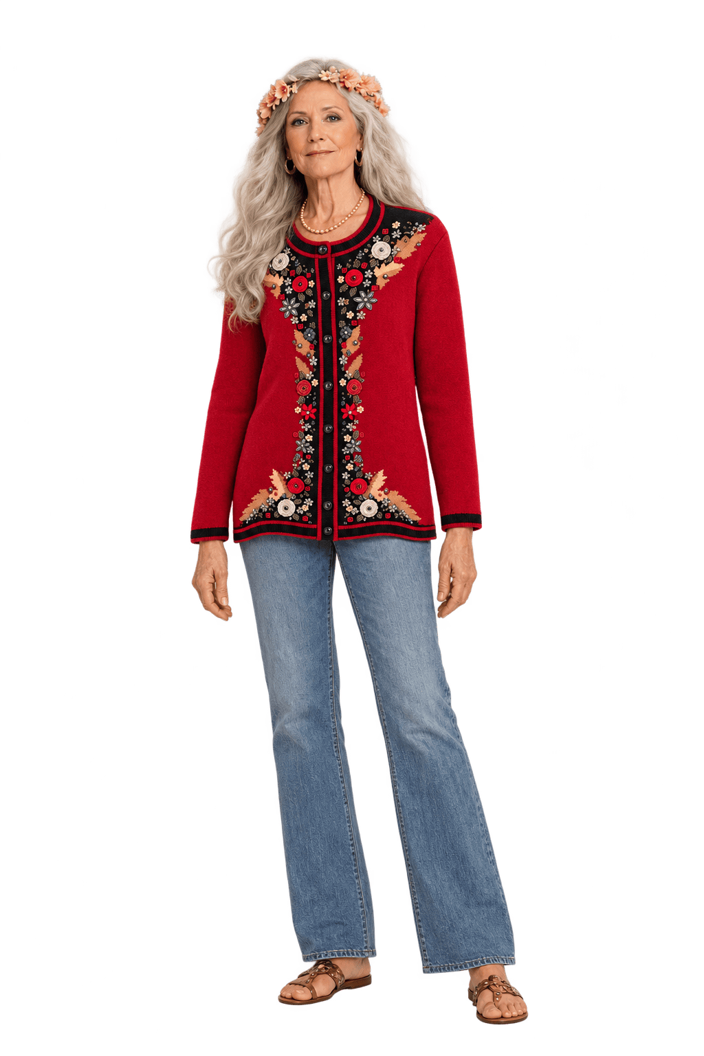 1970s Crimson Red Knit Cardigan - Model