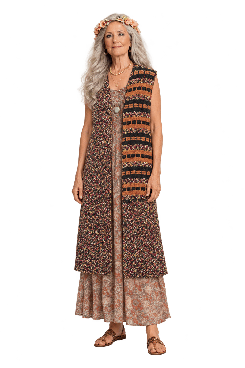 1970s Multicolored Dark Brown Yarn Knit Vest - Model