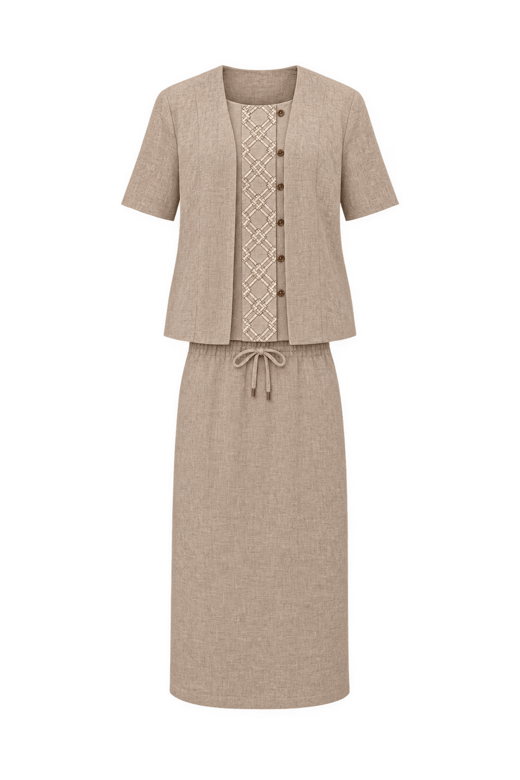 1970s Oatmeal Beige Linen-Look Three-Piece Skirt Set - Front View