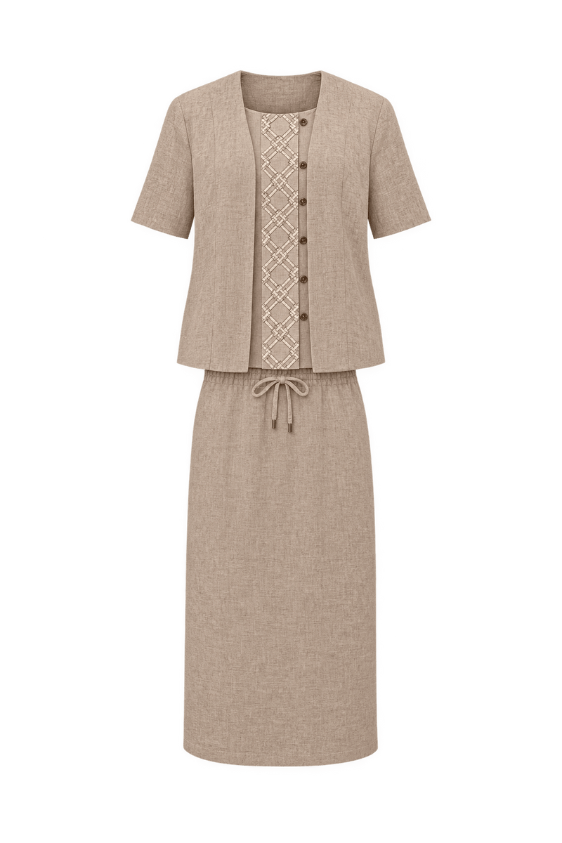 1970s Oatmeal Beige Linen-Look Three-Piece Skirt Set - Front View