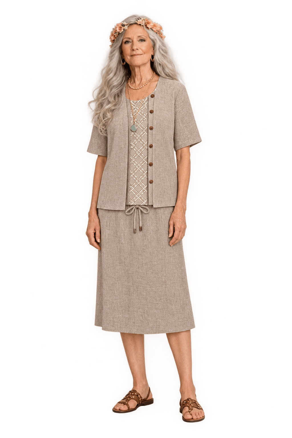 1970s Oatmeal Beige Linen-Look Three-Piece Skirt Set - Model