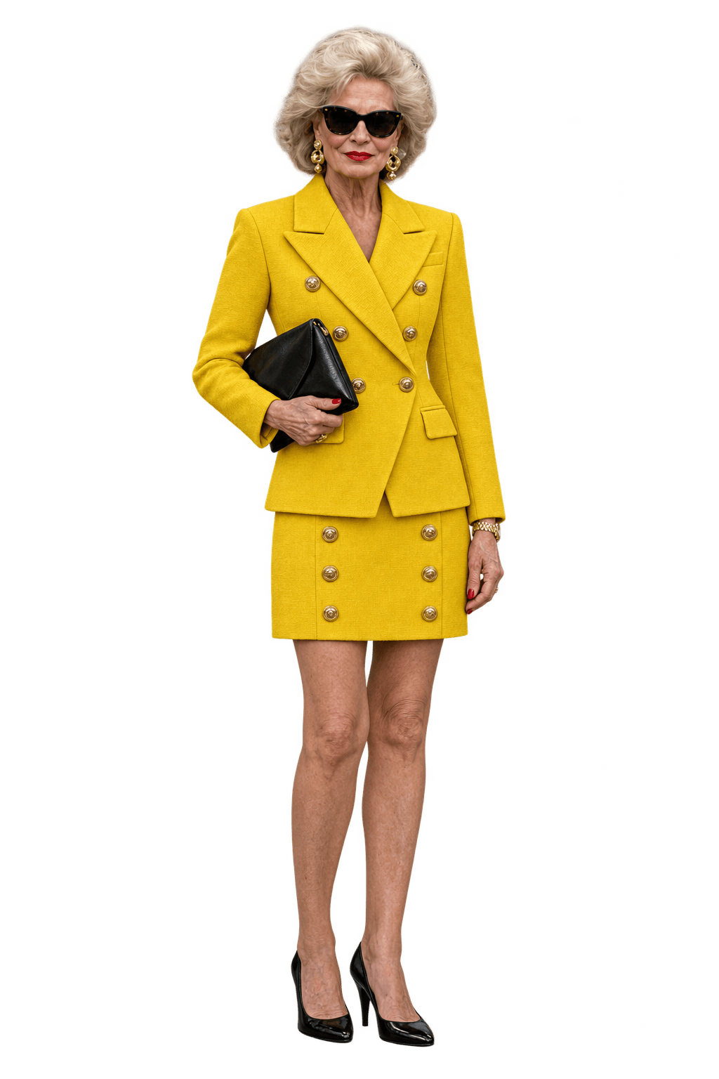 1980s Bright Golden Yellow Woven Fabric Skirt Suit - Model