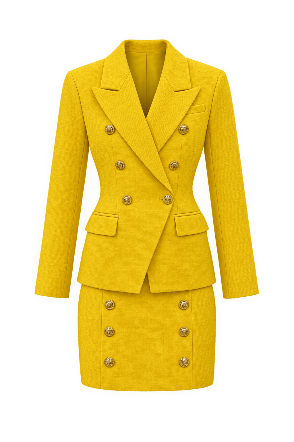 1980s Bright Golden Yellow Woven Fabric Skirt Suit - Front View