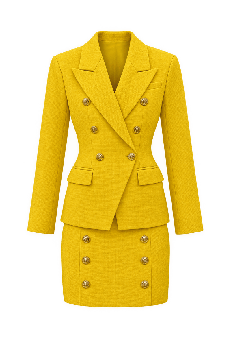 1980s Bright Golden Yellow Woven Fabric Skirt Suit - Front View