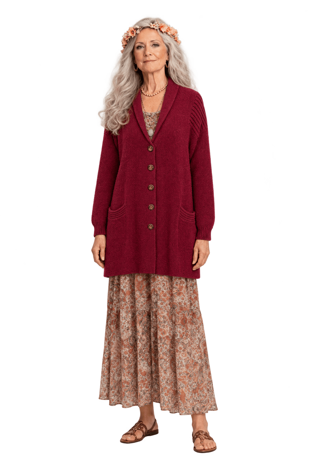1980s Deep Burgundy Red Yarn Knit Cardigan - Model