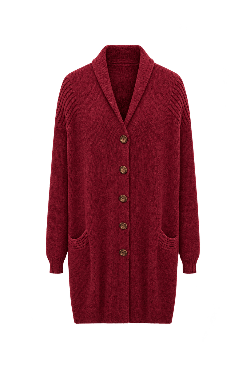 1980s Deep Burgundy Red Yarn Knit Cardigan - Front View