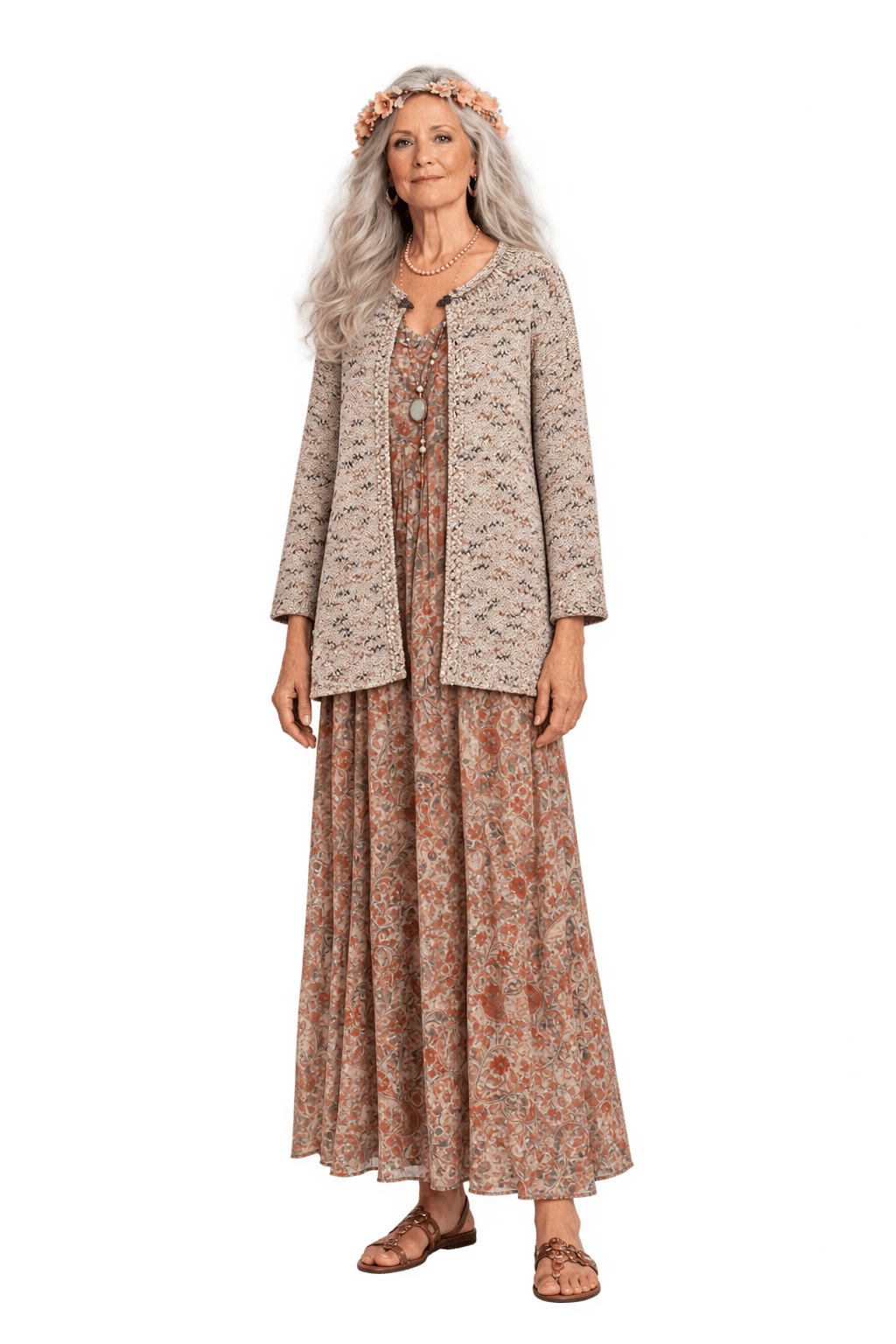1980s Oatmeal Beige Yarn Knit Cardigan - Model