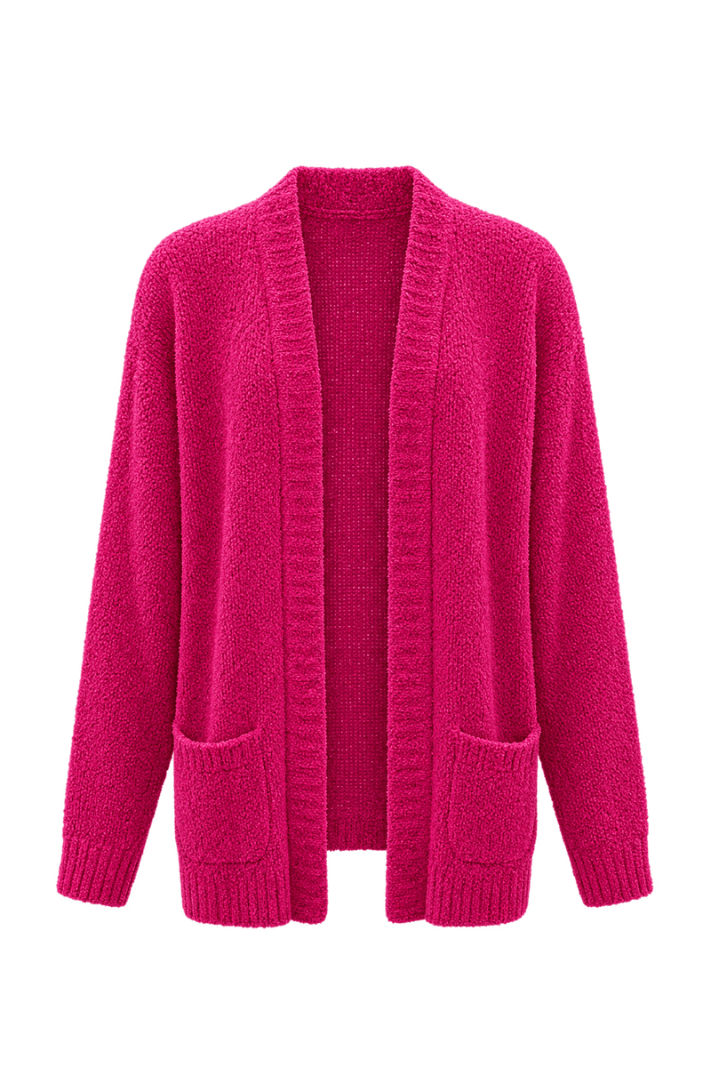 1980s Bright Fuchsia Pink Chenille Cardigan - Front View
