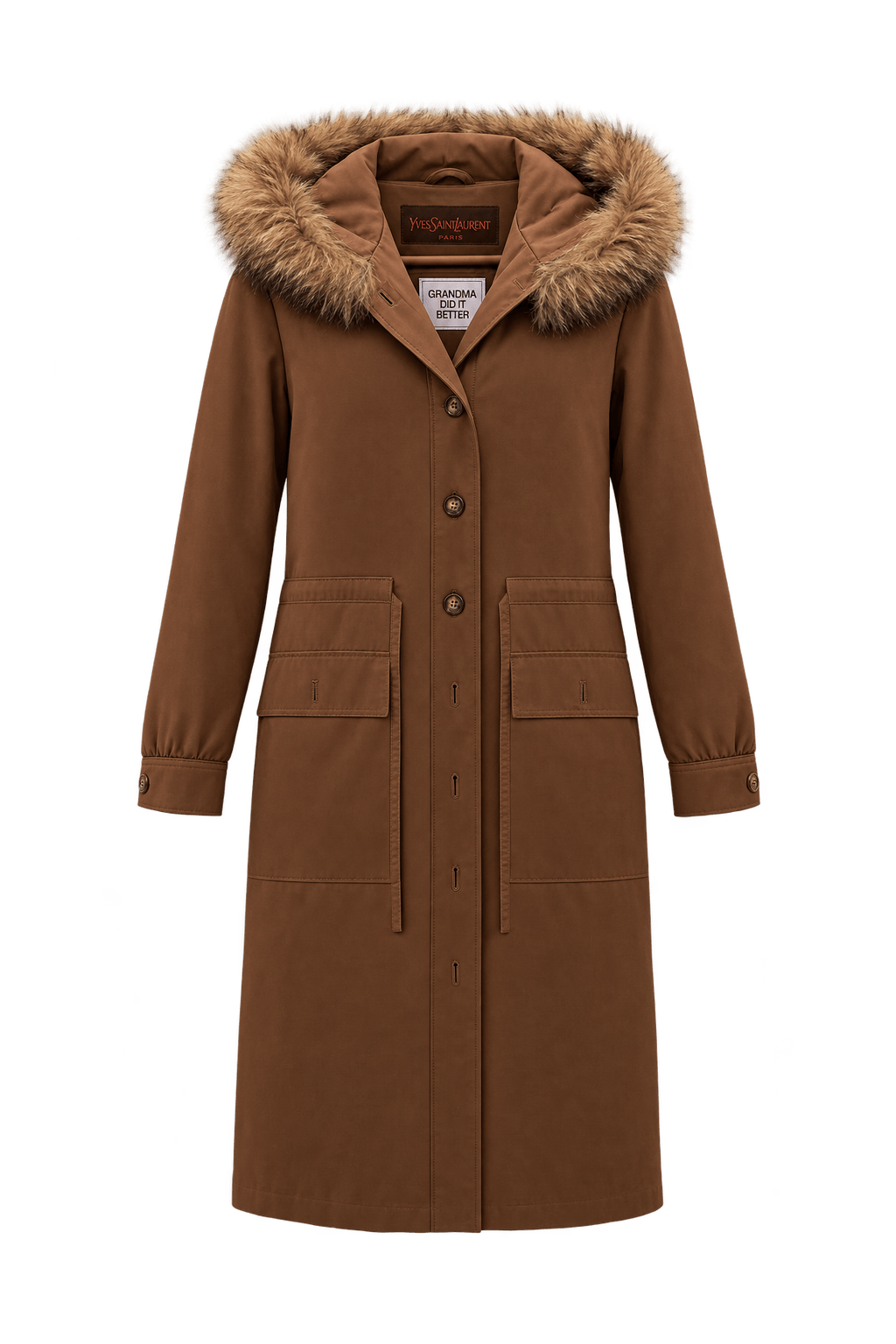 1980s Warm Medium Brown Woven Fabric Coat - Front View