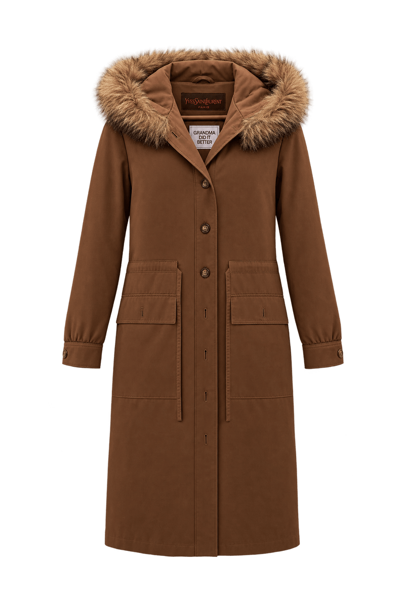 1980s Warm Medium Brown Woven Fabric Coat - Front View