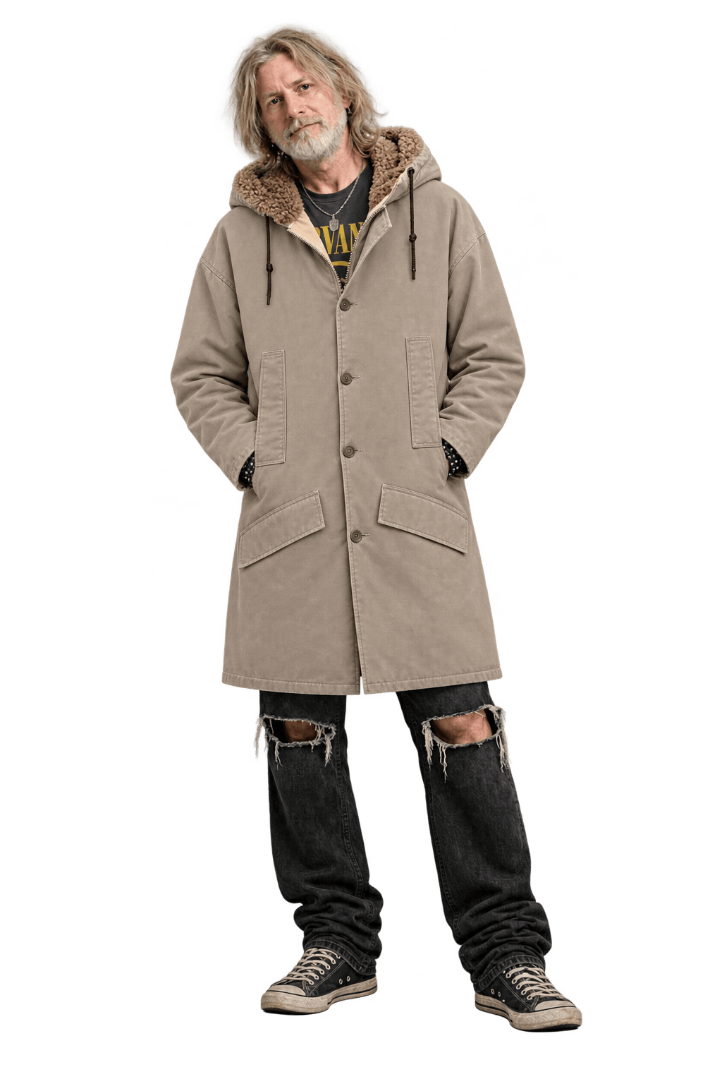 1990s Taupe Beige Woven Fabric Parka - Model