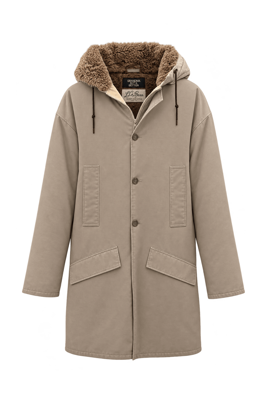 1990s Taupe Beige Woven Fabric Parka - Front View