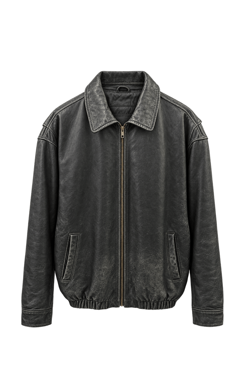 1990s Faded Black Leather Jacket - Front View
