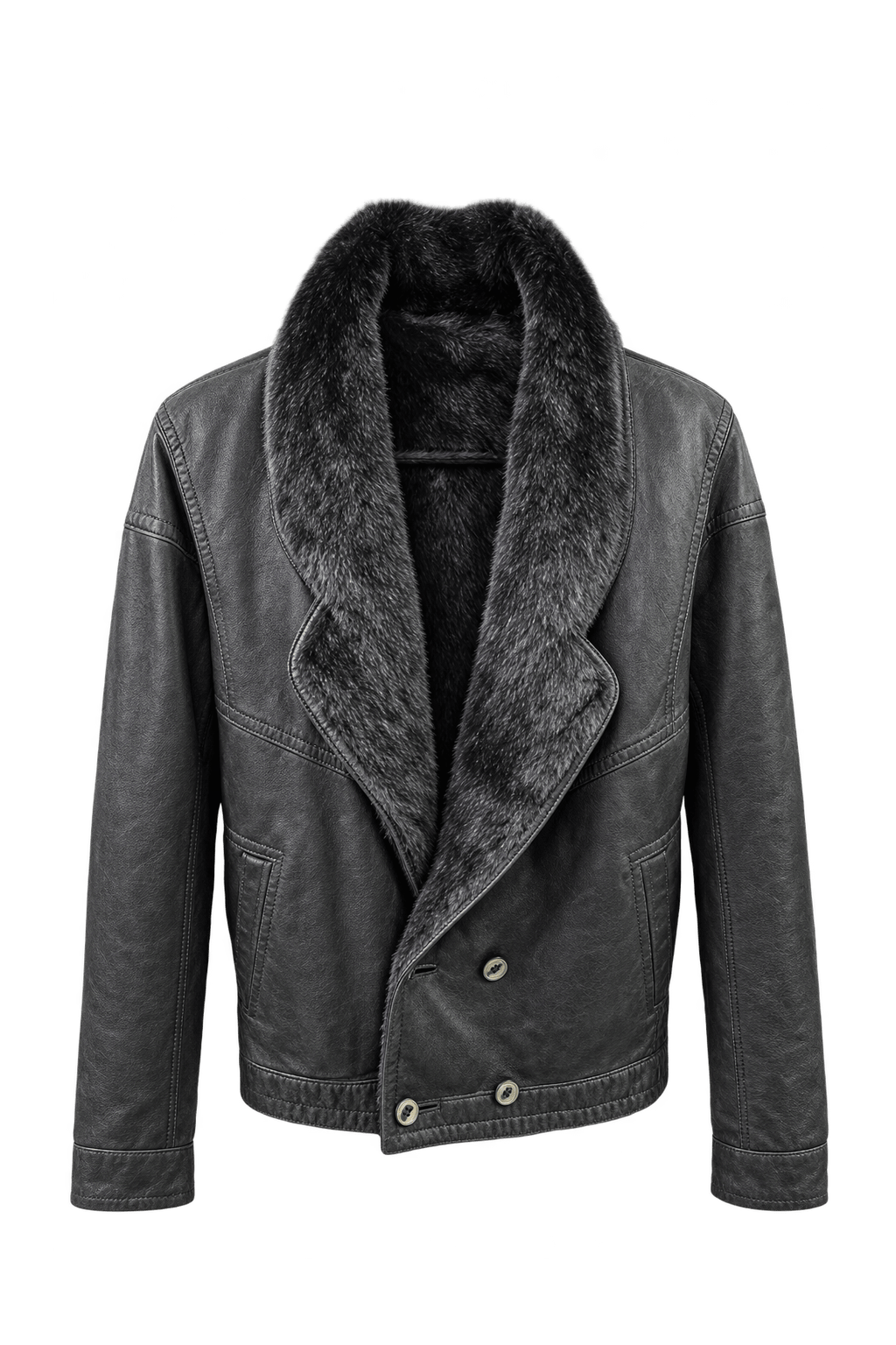 1980s Black Leather Fur-Trimmed Leather Jacket - Front View
