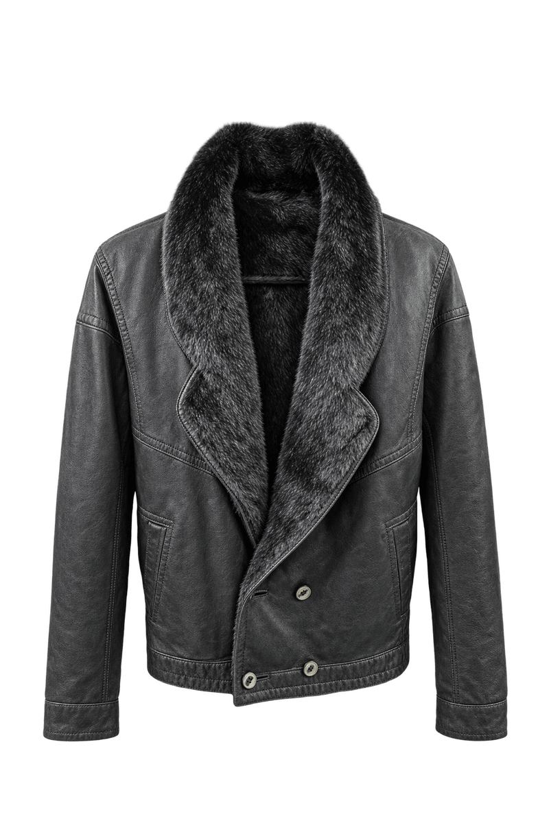 1980s Black Leather Fur-Trimmed Leather Jacket - Front View
