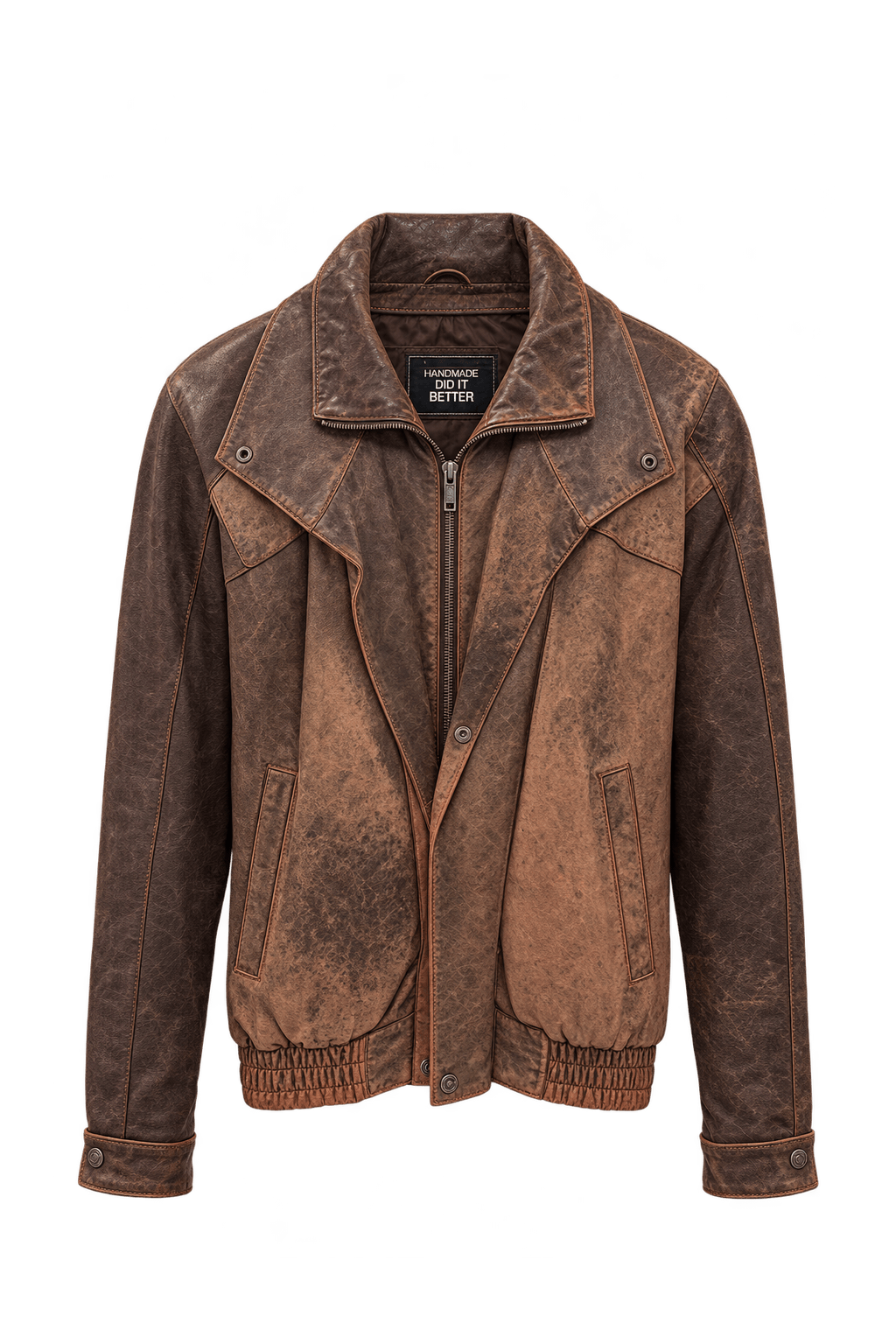 1980s Weathered Cognac Brown Leather Jacket - Front View