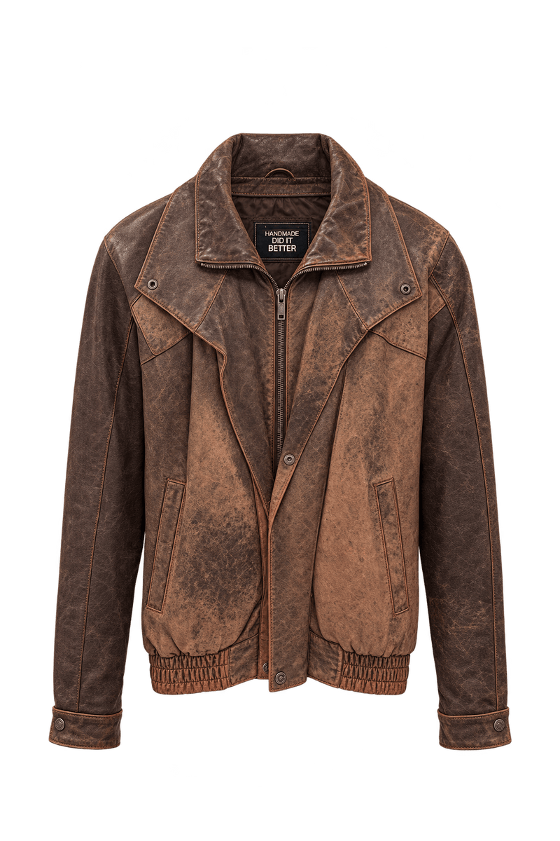 1980s Weathered Cognac Brown Leather Jacket - Front View