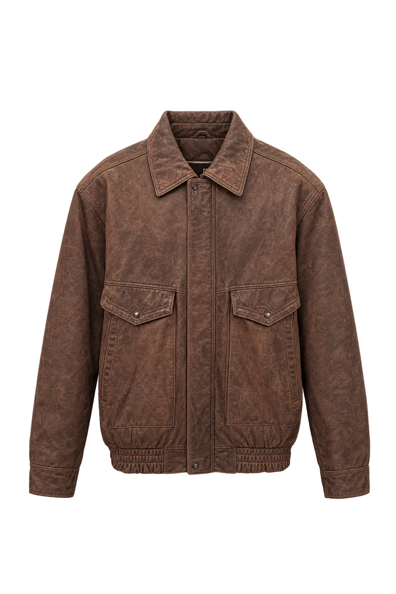 1980s Weathered Medium Brown Leather Jacket - Front View