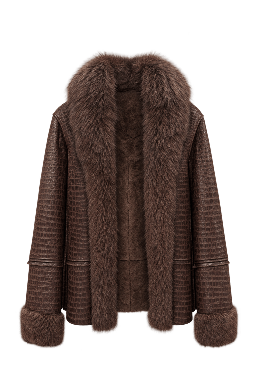 1970s Dark Chocolate Brown Embossed Leather Jacket - Front View