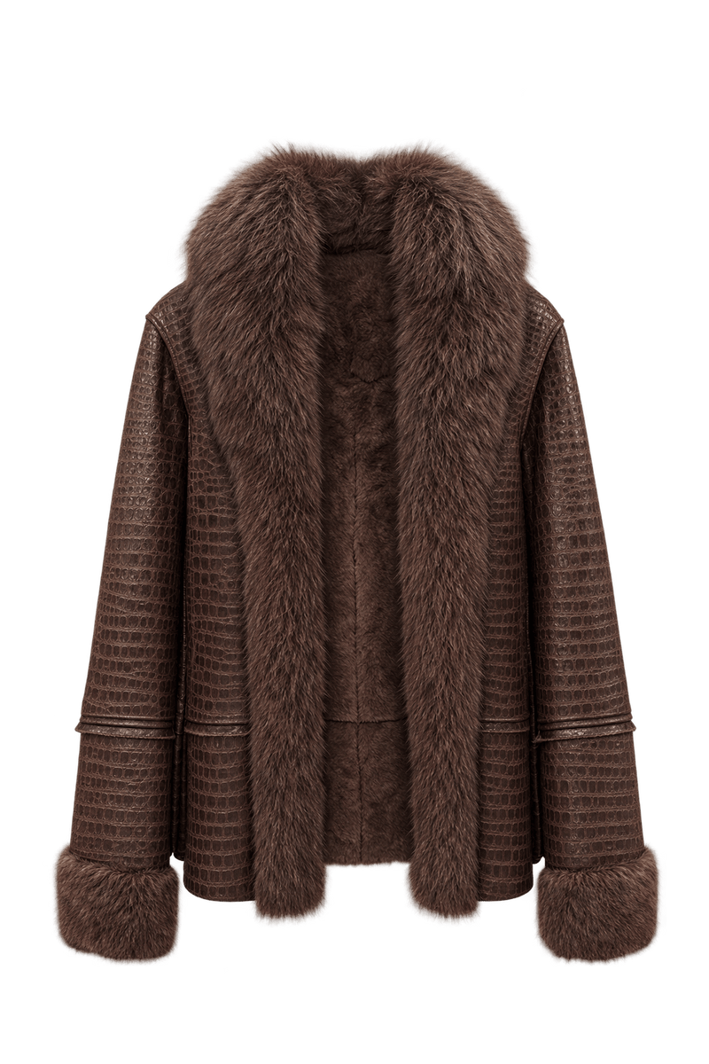 1970s Dark Chocolate Brown Embossed Leather Jacket - Front View
