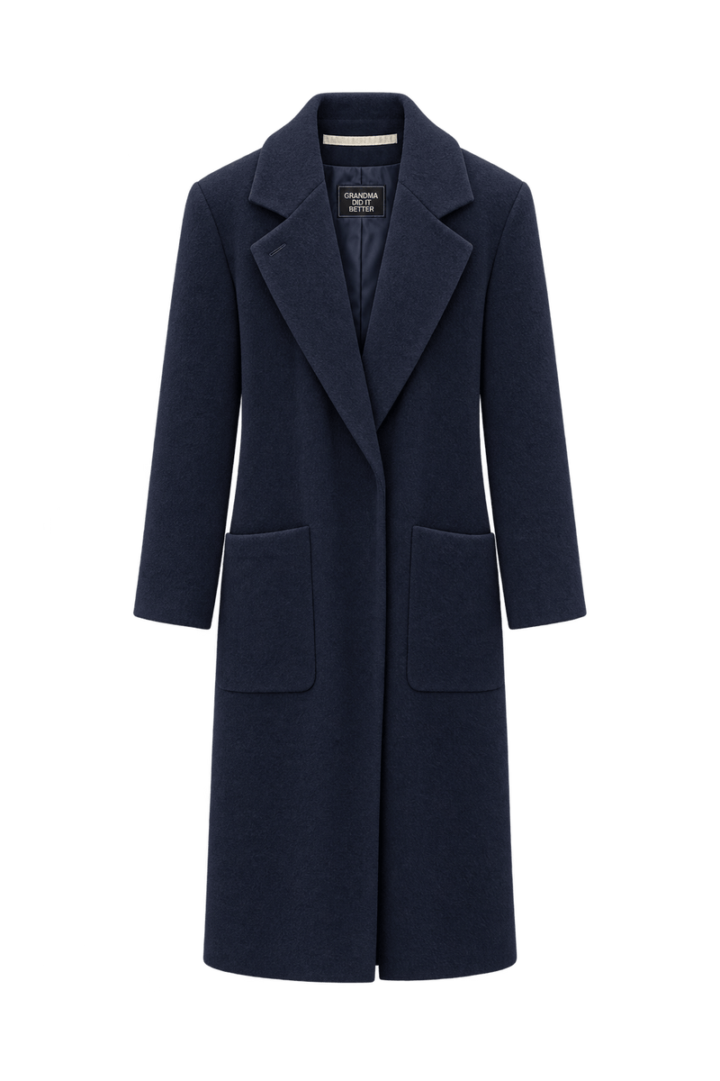 1980s Deep Navy Wool Coat - Front View