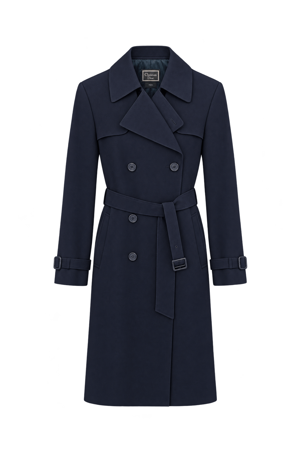 1980s Dark Navy Blue Unknown Woven Fabric Trench Coat - Front View
