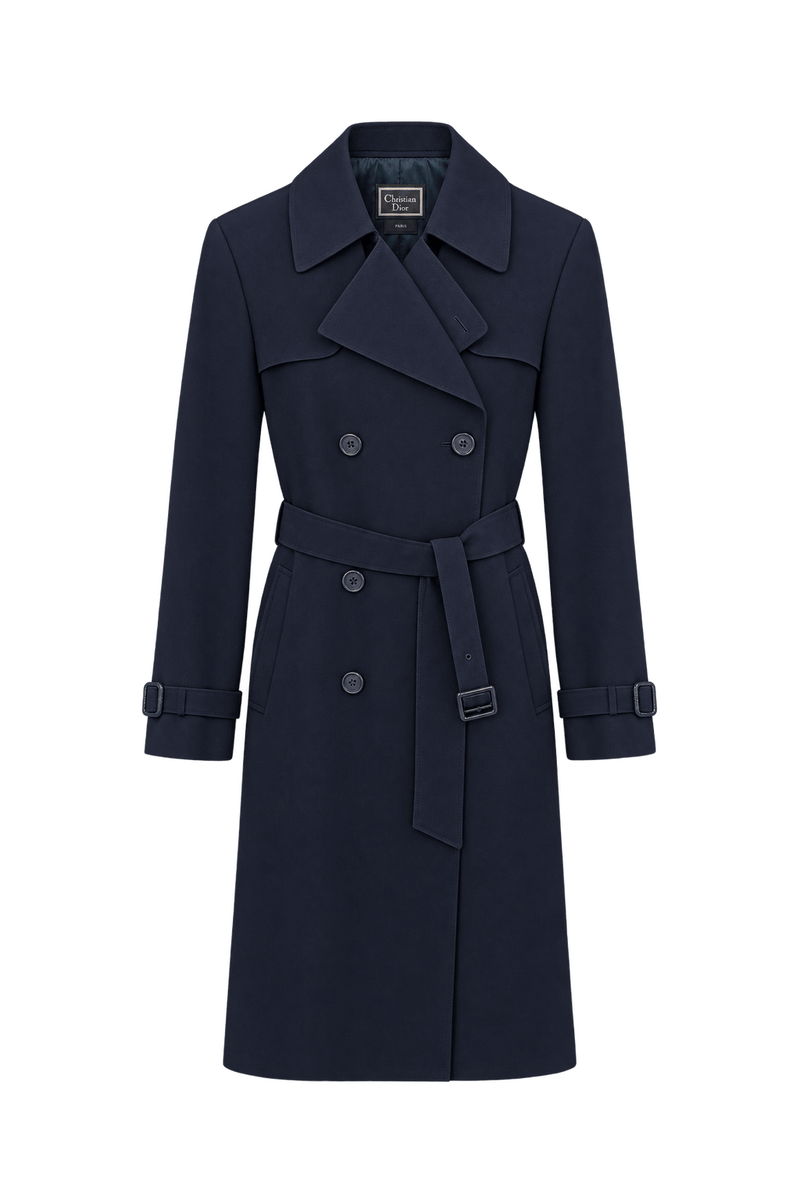 1980s Dark Navy Blue Unknown Woven Fabric Trench Coat - Front View