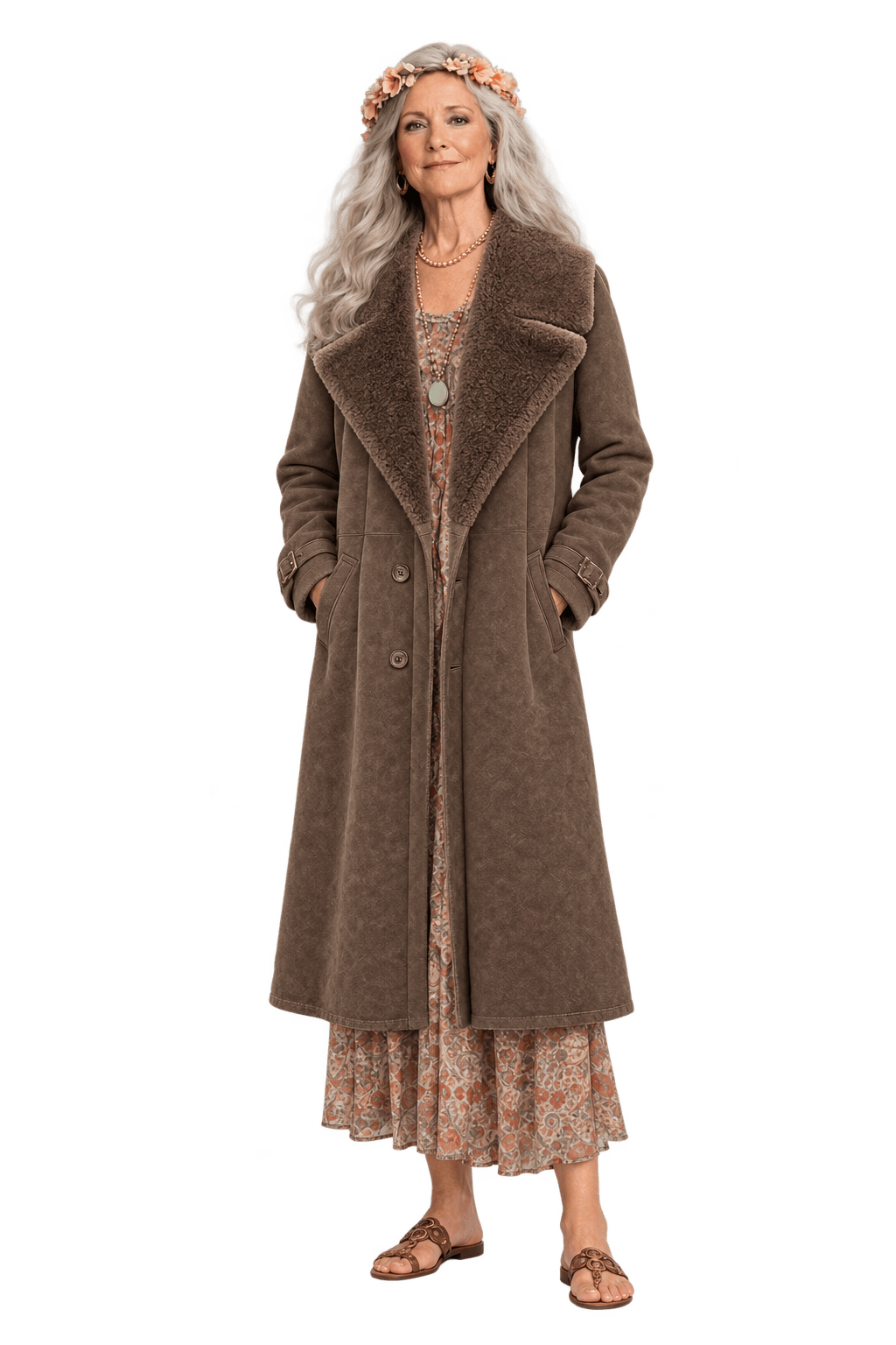 1970s Weathered Medium Brown Suede Coat - Model