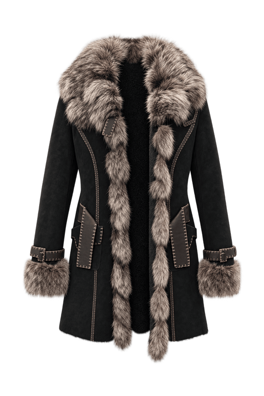 1970s Black Suede-like Leather Coat - Front View