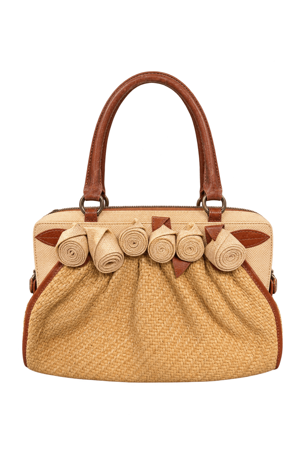 1990s Natural Honey Tan Straw Handbag - Front View
