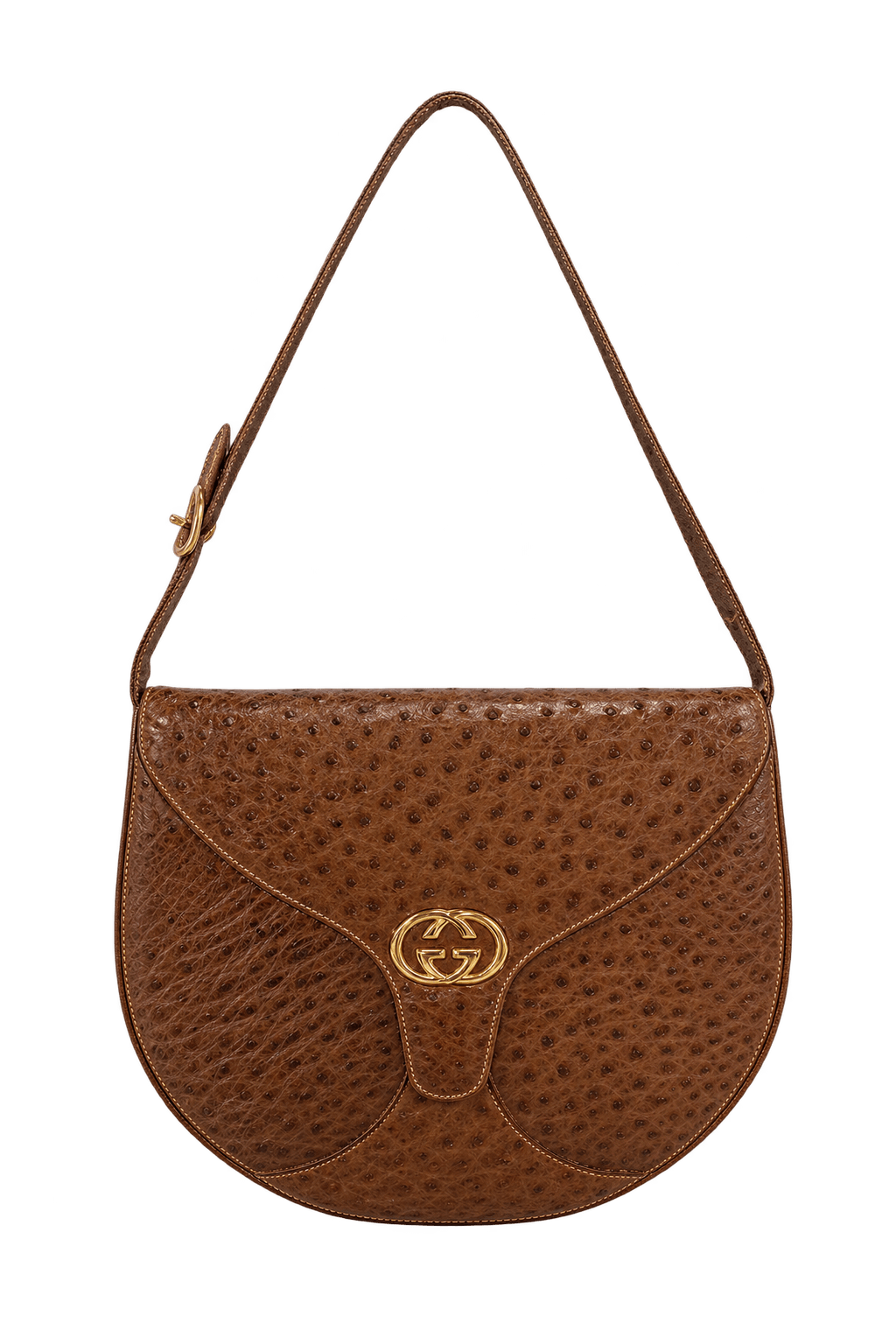 1980s Warm Medium Brown Ostrich-Textured Leather Shoulder Bag - Front View