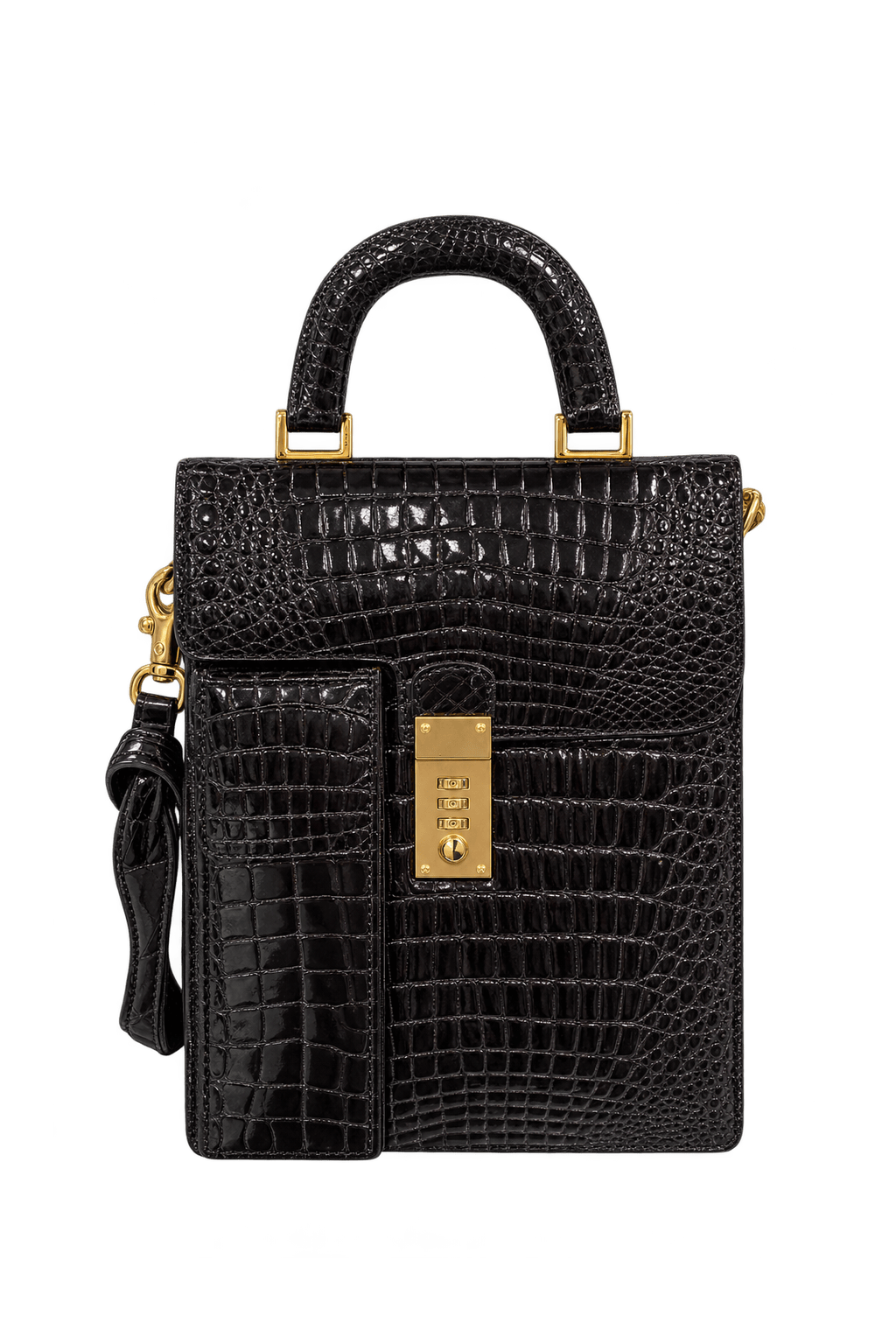 1980s Glossy Black Embossed Leather-Look Handbag - Front View