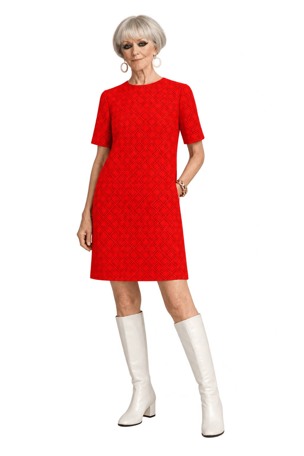 1960s Bright Orange-Red Openwork Shift Dress - Model