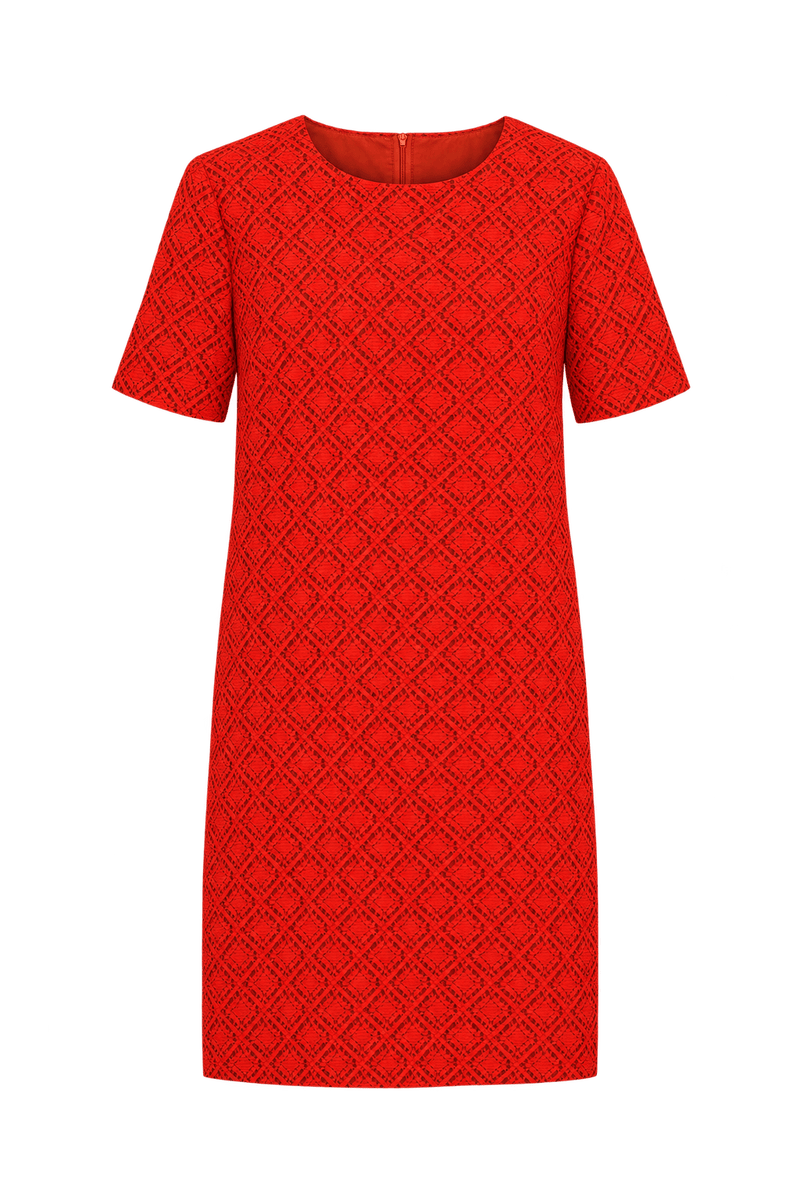 1960s Bright Orange-Red Openwork Shift Dress - Front View